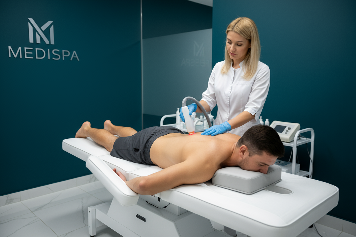 a man getting laser hair removal on his back with a dark teal background