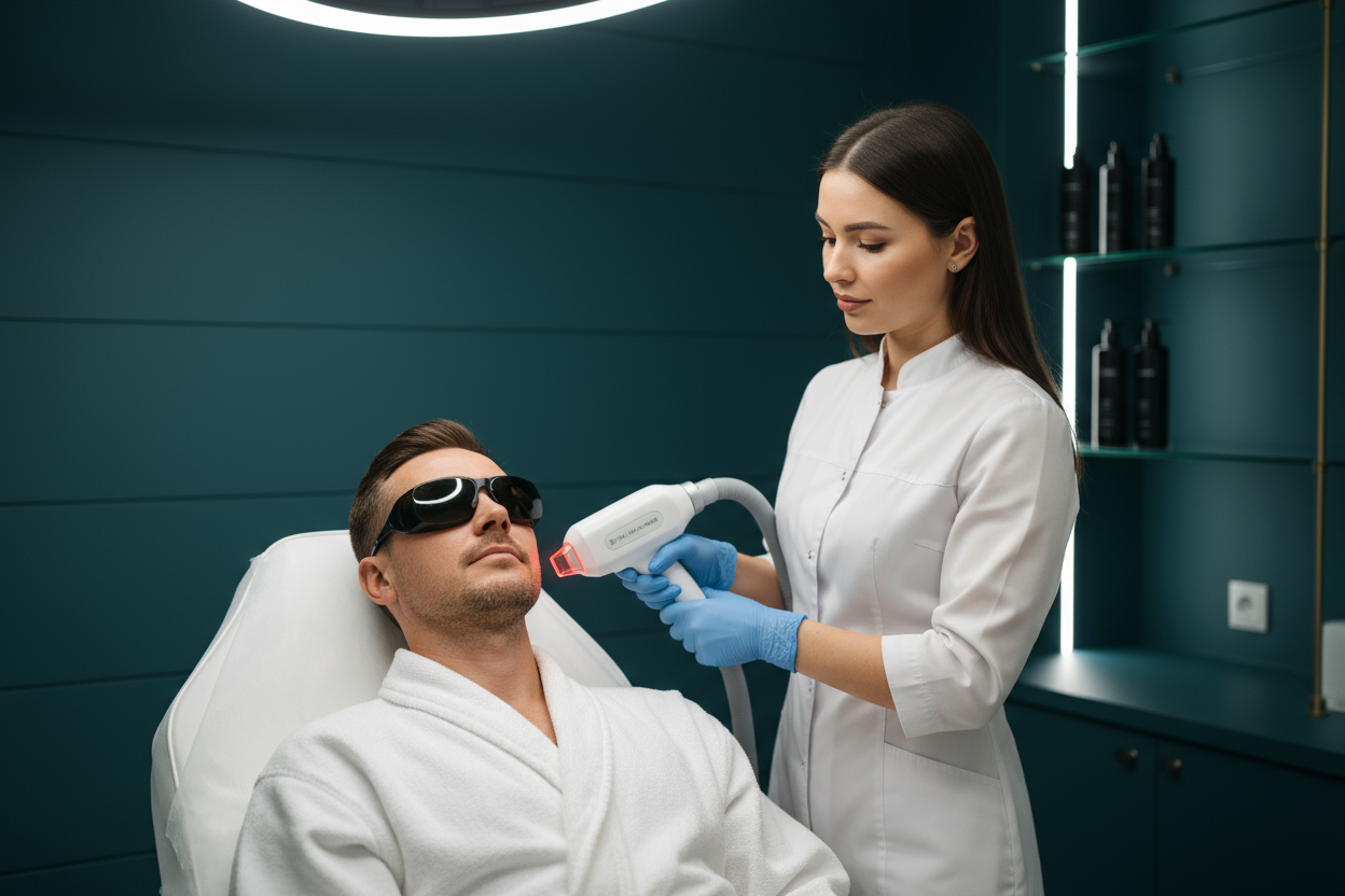a man getting laser skin treatment with a dark teal background