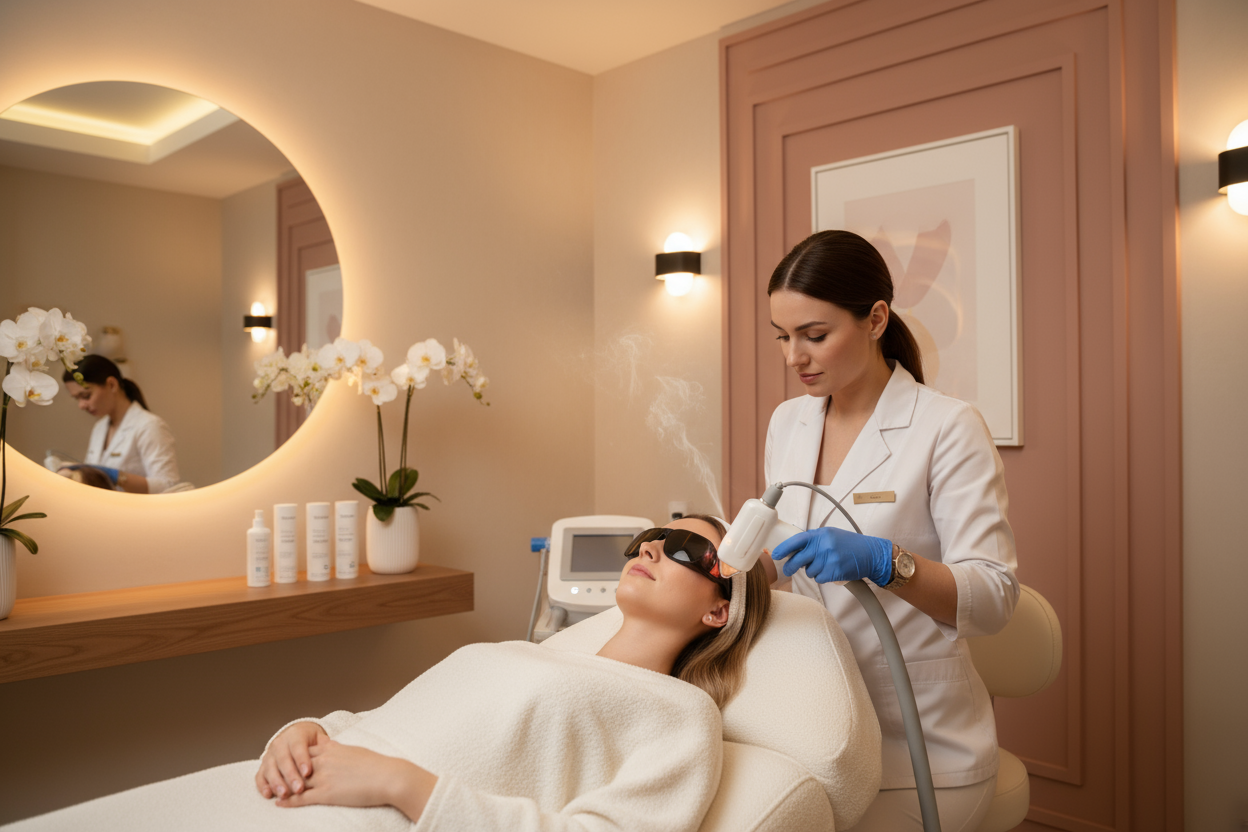 a young woman receiving a laser skin treatment beige an dpink background