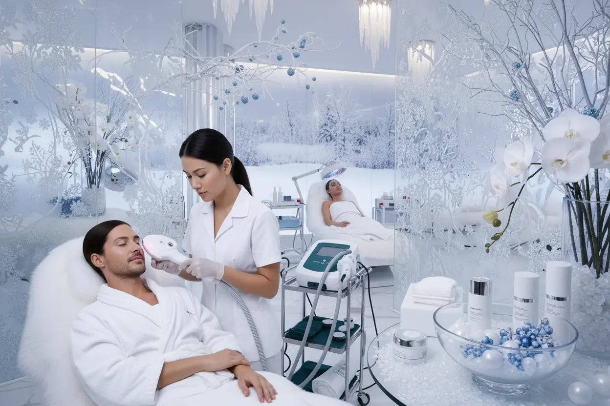 add a man getting a facial and replace the blue with dark teal and pink