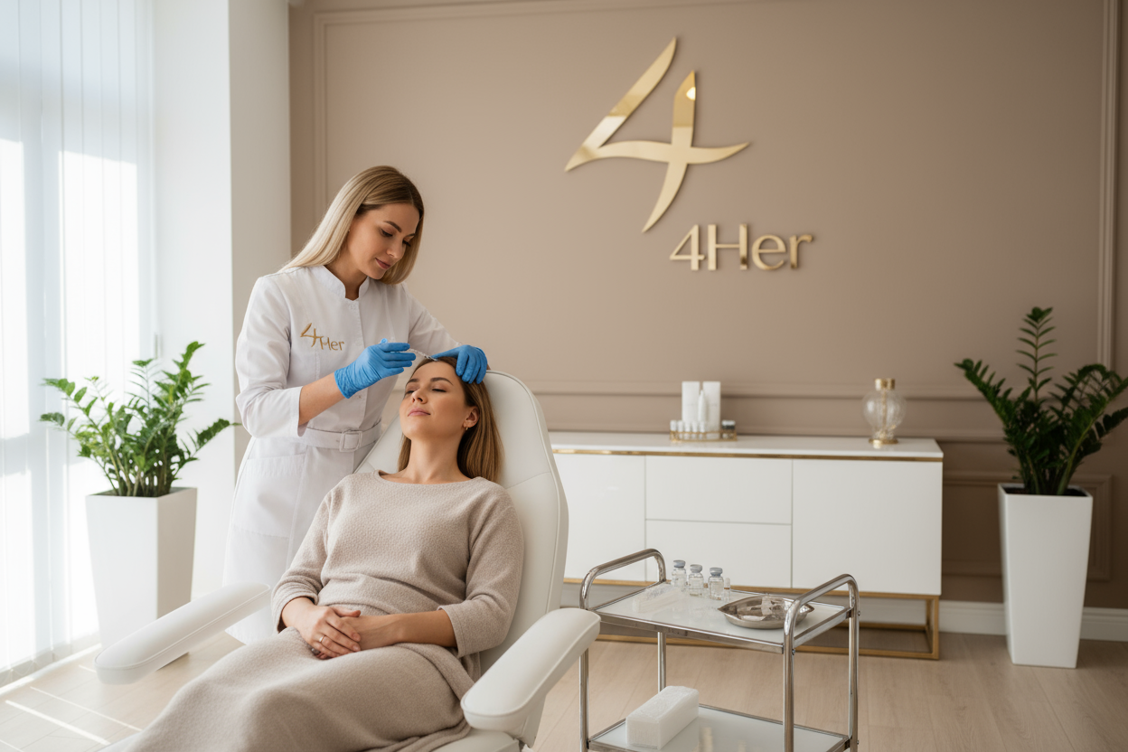 Hair Rejuvenation injection on a woman in a m edspa with a beige walls and 4Her logo in the back