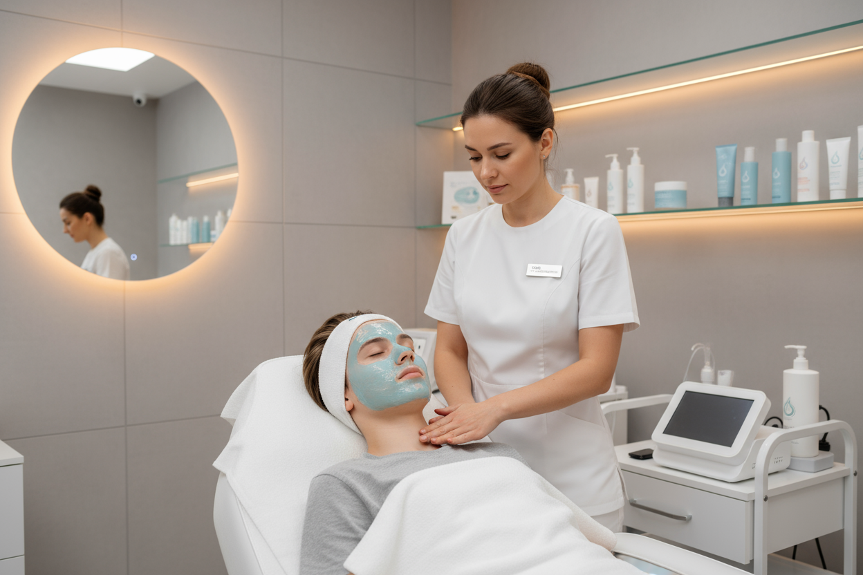 teen boy getting a facial in amed spa