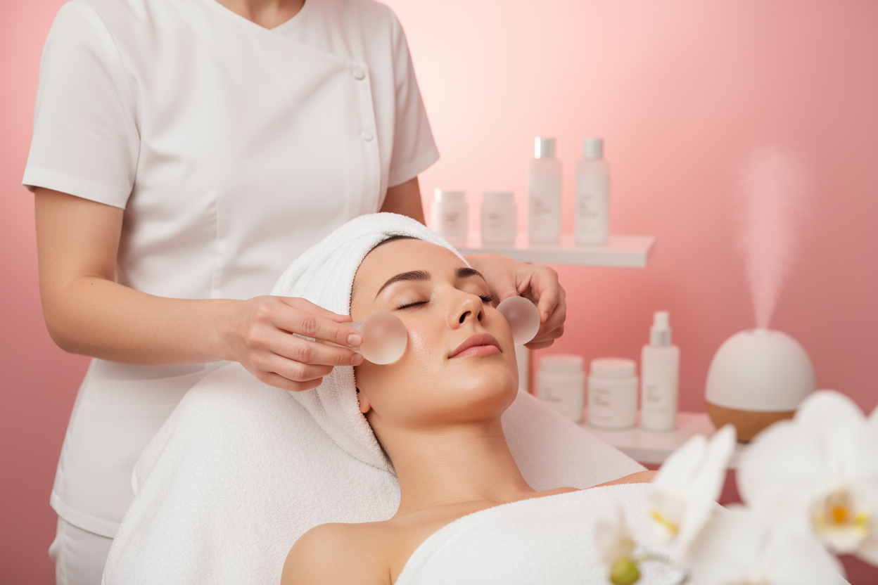 woman getting a facial with ice globes in abeight and opink backgriound